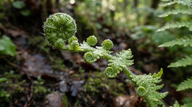 Close-up of a young green fiddlehead fern unfurling with morning dew drops in a lush forest