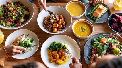 Overhead view of a diverse, healthy meal spread with various dishes and hands reaching for food