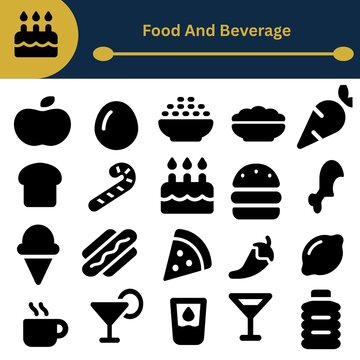 Black Food and Beverage Icon Set with Restaurant and Dessert Symbols