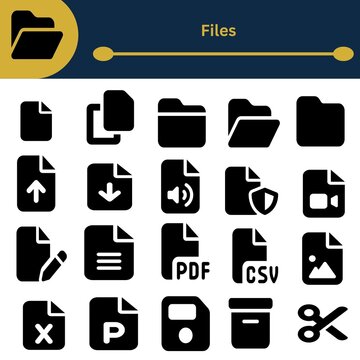 Black File Management and Document Icons Set