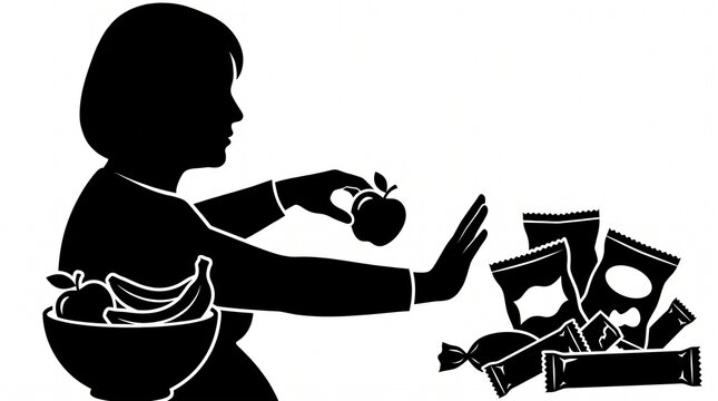 Woman choosing healthy fruit bowl over junk food snacks silhouette with refusing