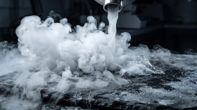 Laboratory experiment with liquid nitrogen creating thick swirling white vapor clouds over a dark cold surface texture for scientific research