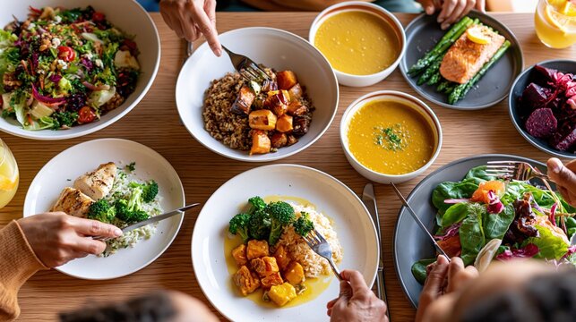 Overhead view of a diverse, healthy meal spread with various dishes and hands reaching for food