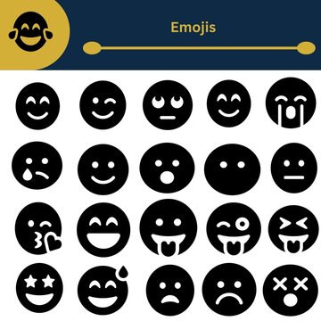 Black Emoji Face Icon Set with Various Happy and Sad Expressions