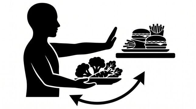 Black silhouette of a person choosing healthy food over junk food diet choice