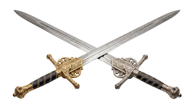 Two Crossed Ornate Medieval Swords with Gold Decorative Hilts Isolated on Transparent Background