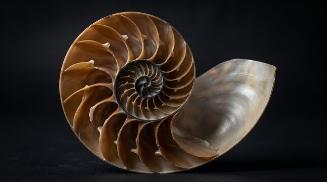 Cross-section of a nautilus shell, showcasing its intricate logarithmic spiral and segmented chambers, a natural wonder demonstrating the elegance of geometric patterns in marine biology