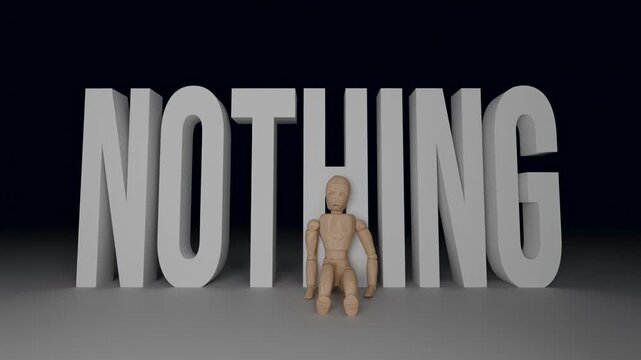 Person sitting beneath the word nothing, conceptual animation about emptiness, hopelessness, loss of purpose and existential crisis