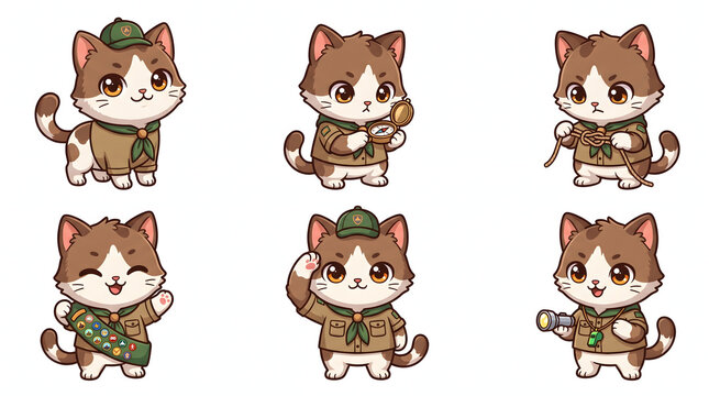 Cute cartoon cats dressed in explorer uniforms performing various camping activities and outdoor adventures