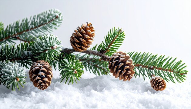 Evergreen fir branch with small pine cones, clean snowy white background, winter and holiday decoration concept
