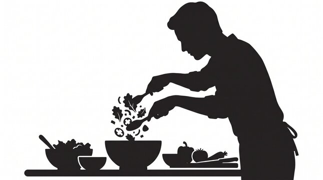 Silhouette of a man tossing a fresh vegetable salad in a kitchen bowl