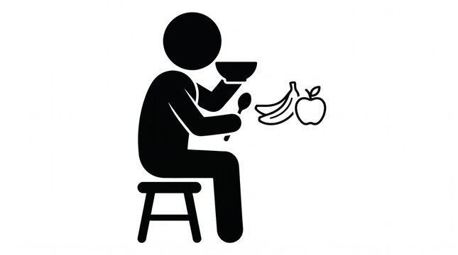 Silhouette of a person sitting on a stool eating a healthy meal with fruits