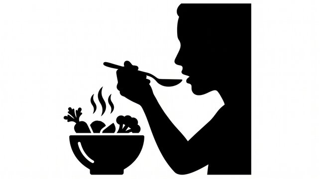 Silhouette profile of a person eating a hot healthy meal from a bowl
