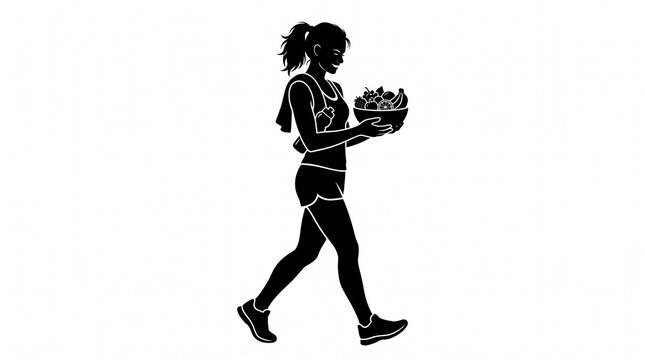 Silhouette of a sporty woman walking while holding a bowl of fresh salad