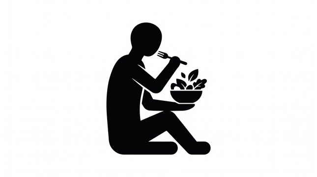 Silhouette of a person sitting on the floor eating a fresh green salad