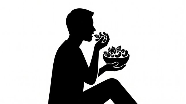 Silhouette of a man sitting down and eating healthy food from a bowl