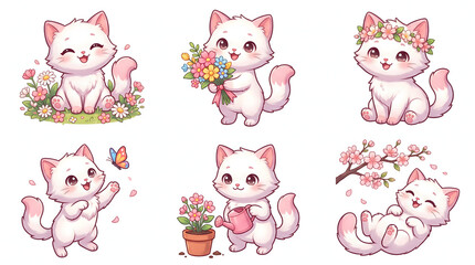 Obraz premium Cute little white kittens engaged in various spring activities like holding flowers and playing with butterflies
