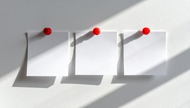 Three white square sticky notes attached with red push pins, clean white wall background, minimal office concept, soft natural shadows