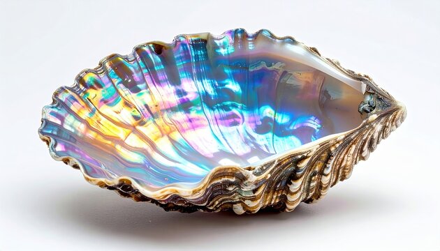 Iridescent abalone shell with colorful pearlescent inner surface, clean white studio background, marine texture and luxury design element