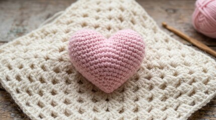 Fototapeta premium Handmade crochet heart resting on white lace doily with knitting needles.