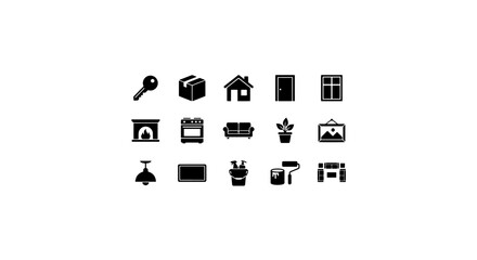 Obraz premium Home Interior Icons Set: Furniture, Decor, and Fixtures Vector Graphics for Real Estate and Design