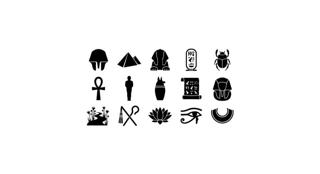 Ancient Egyptian Icons Set: Pharaoh, Pyramid, Scarab, Ankh, Hieroglyphs, Eye of Horus
