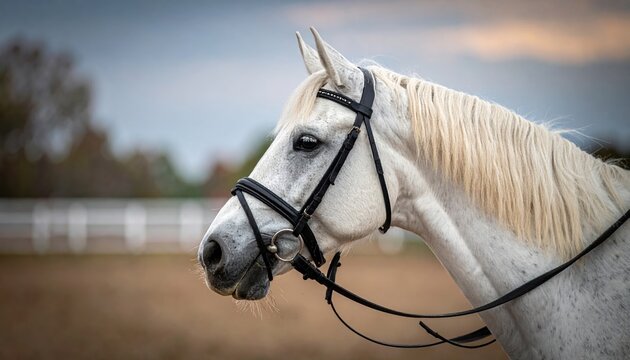 White horse head wearing a classic leather halter, elegant equestrian photography