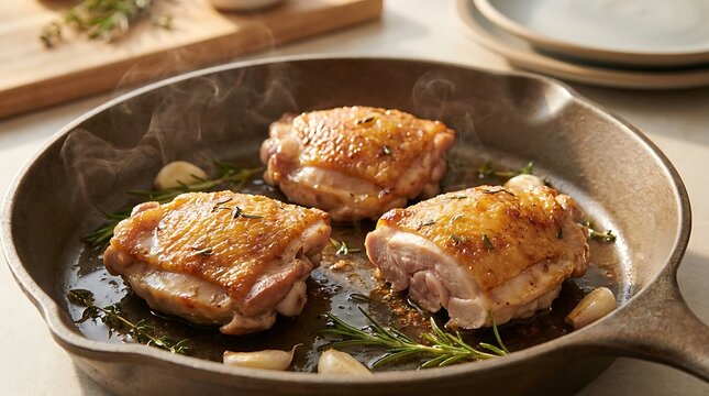Three raw chicken thighs cooking in a cast iron skillet with fresh green herbs and garlic cloves. boneless chicken thigh