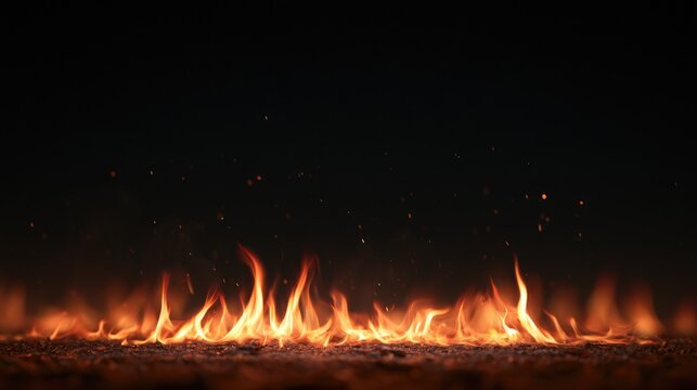 Realistic Fire Flames Burning on Dark Background with Embers.
