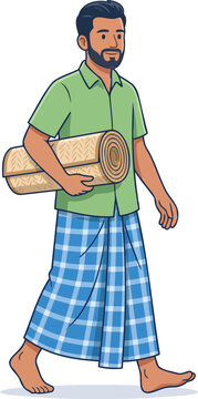 Indian man walking in blue lungi holding straw mat