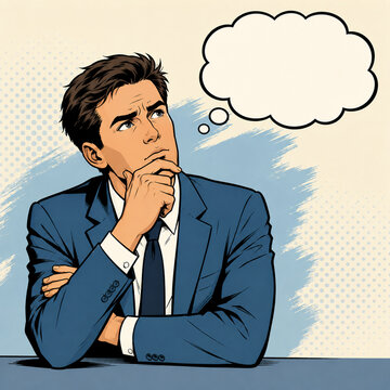 Nachdenklicher Gesch&auml;ftsmann mit leerer Gedankenblase im Comic-Stil