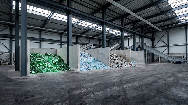 Interior of Industrial Recycling Plant with Sorted Glass Waste in Concrete Bays