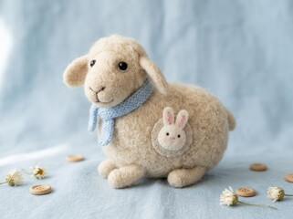 Fototapeta premium Soft beige teddy bear holding a small white bunny plush on blue fabric.