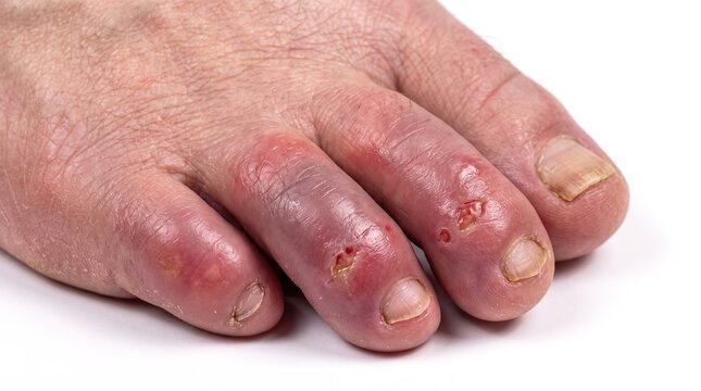 Close Up of Swollen Red Toes with Chilblains Perniosis and Ulcerated Blisters from Cold