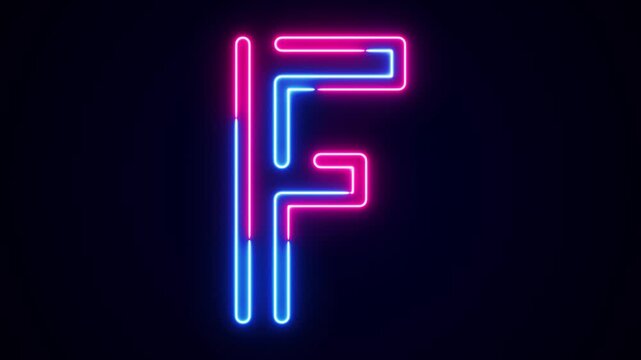 Neon letter F with on black, neon alphabet for banner, english alphabet in neon style. All capital alphabets neon animation, pink blue neon font letter animation, led letter, Appearance of the letter