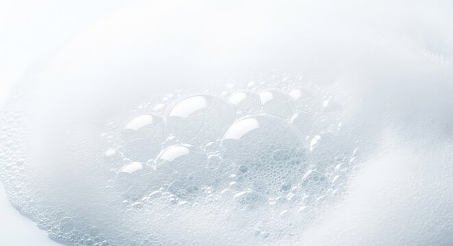 Close up of pristine white soap foam and clear bubbles forming a soft texture against a bright studio background for a fresh aesthetic feel, macro, texture, foam