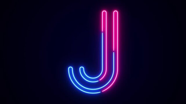 Neon letter J with on black, neon alphabet for banner, english alphabet in neon style. All capital alphabets neon animation, pink blue neon font letter animation, led letter, Appearance of the letter
