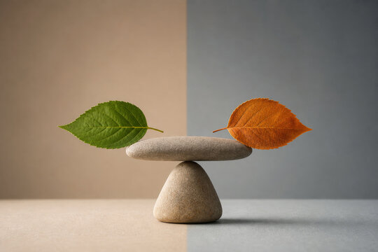 Conceptual Zen Balance Featuring Contrasting Green and Orange Leaves Resting on Stacked Stones for Harmony and Mindfulness Representation