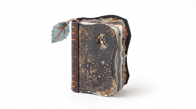 Vintage mystical leather book with celestial moon engravings, antique grimoire journal with leaf bookmark, magical spellbook on white background