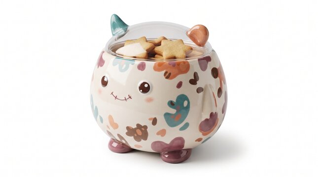 Whimsical ceramic monster cookie jar, cute character snack bowl with star biscuits, playful pottery kitchen storage on white background