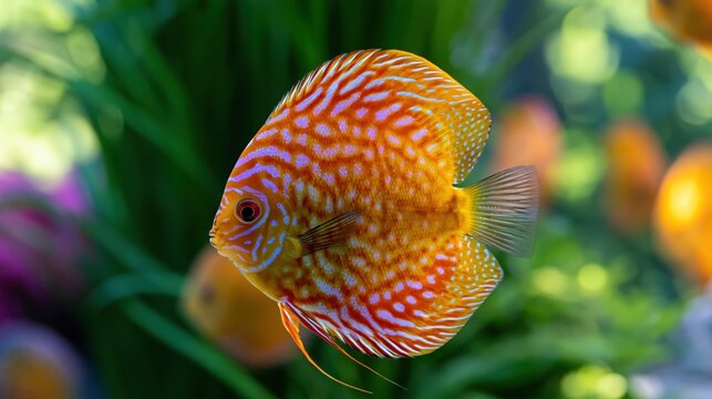 Vibrant Orange Discus Fish with Striking Pattern Swimming in a Lush Aquarium