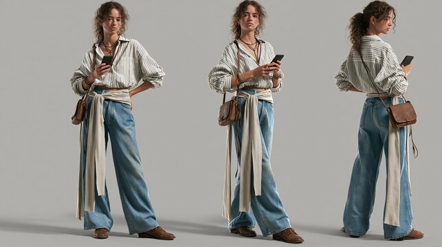 Young Woman Posing with Smartphone in Casual Modern Outfit, Three Angles Display