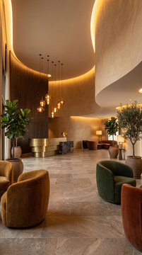 High end hotel lobby interior with dramatic architectural curves pendant lights wooden paneling lounge seating indoor plants stone and atmosphere