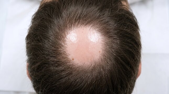 Top View of Male Scalp with Smooth Circular Bald Spot Alopecia Areata Hair Loss Condition