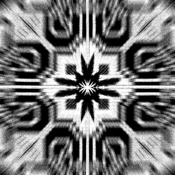 Abstract grunge starburst tile pattern, monochrome distorted ethnic mandala texture, black and white noise glitch effect background for modern design