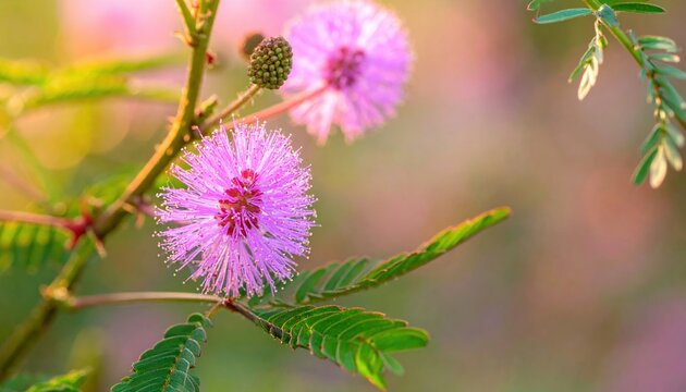 Mimosa pudica plant with delicate pink flowers and sensitive leaves, botanical science concept