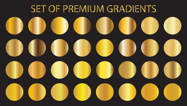 Round metallic foil texture, gold gradient swatches set. Shiny metallic collection graphic design on black bg, vector collection