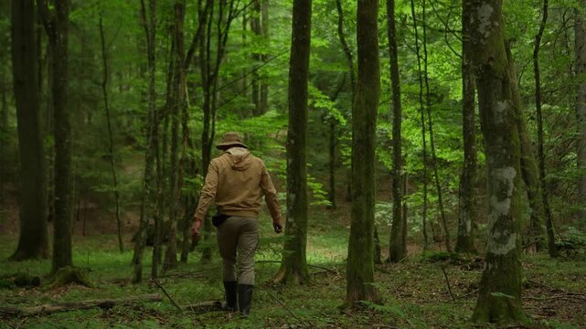 Inspiring cinematic footage of a male traveler in a tactical jacket and panama hat walking away down a forest path into the lush green dense woodland.