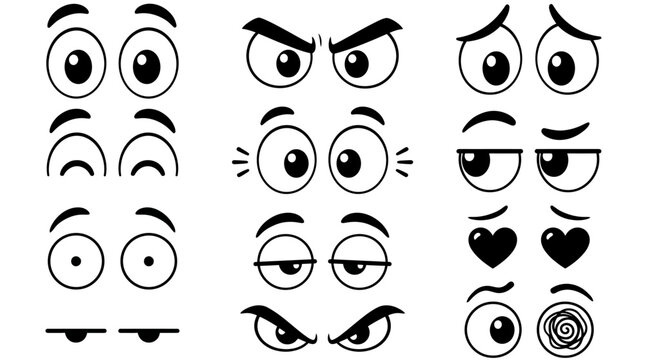 A collection of various cartoon eye expressions illustrating different emotions and states.