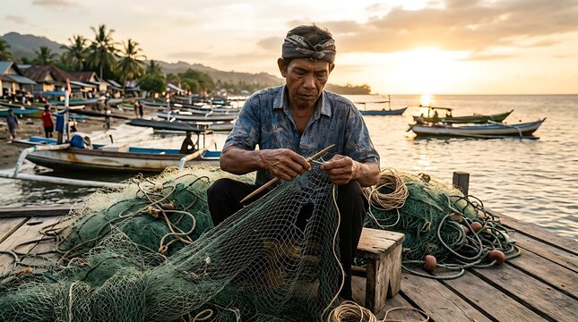 Fisherman repairing fishing net on wooden pier during sunset